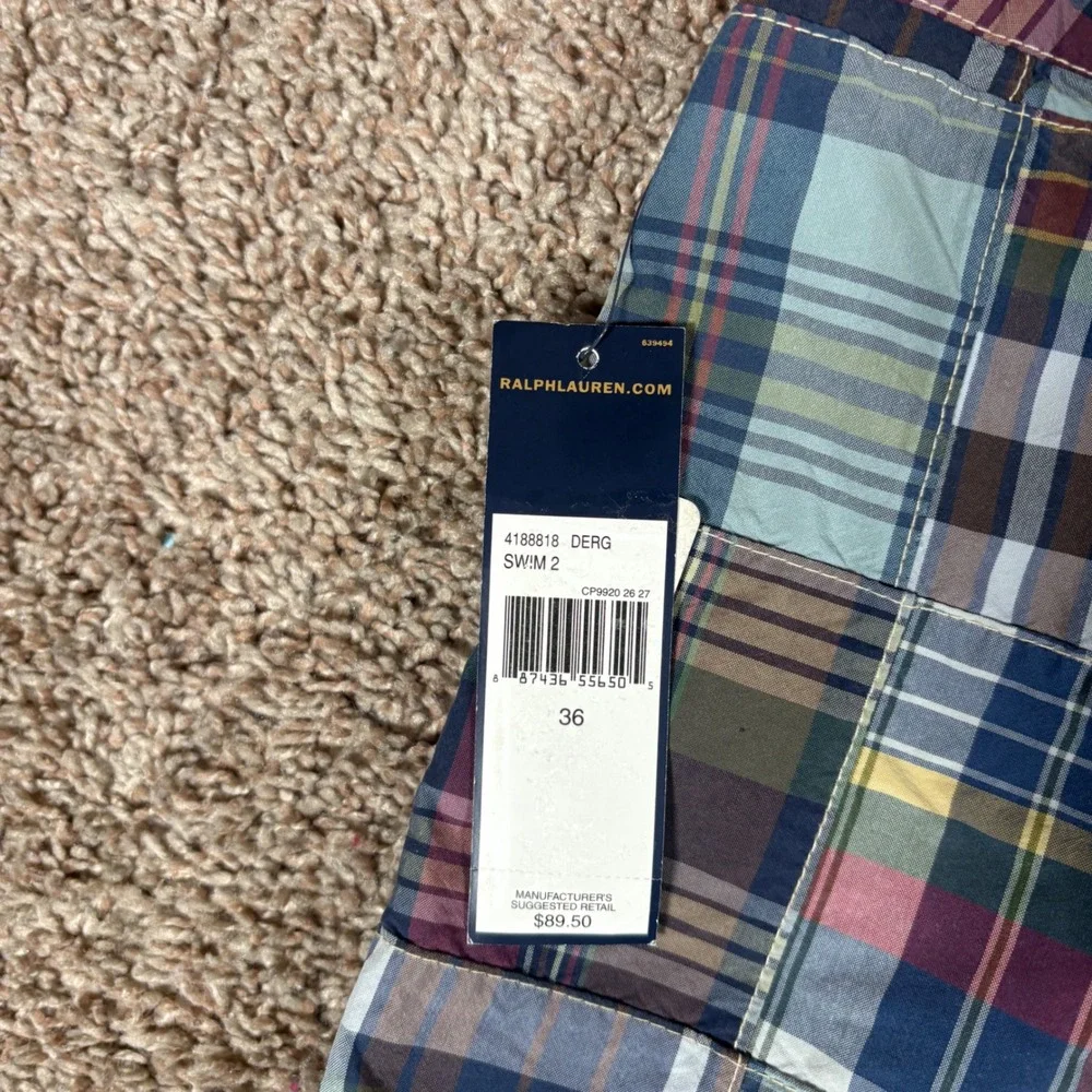 Polo Ralph Lauren Mens Patchwork Madras Plaid Swim Trunks Multicolor Size 36 NEW